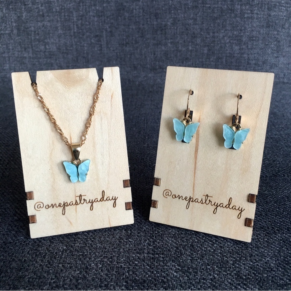 2-piece Butterfly Fashion Necklace + Earrings Set, Pastel Teal Blue, Gold